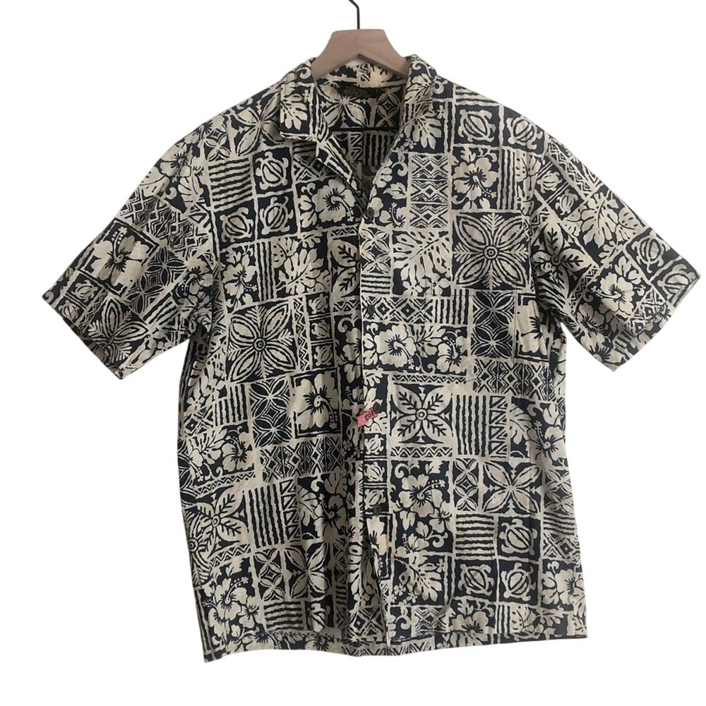 Royal Creations Hawaii Blue Cream Hawaiian Beach Tropical Button Up Shirt